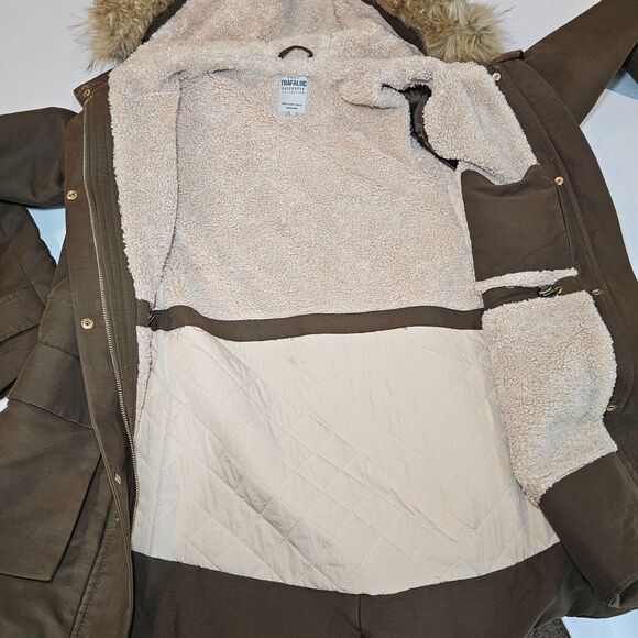 Zara Trafaluc Parka Coat Khaki Faux Fur Hood Lined Winter Utility Jacket Sz M - Picture 8 of 12